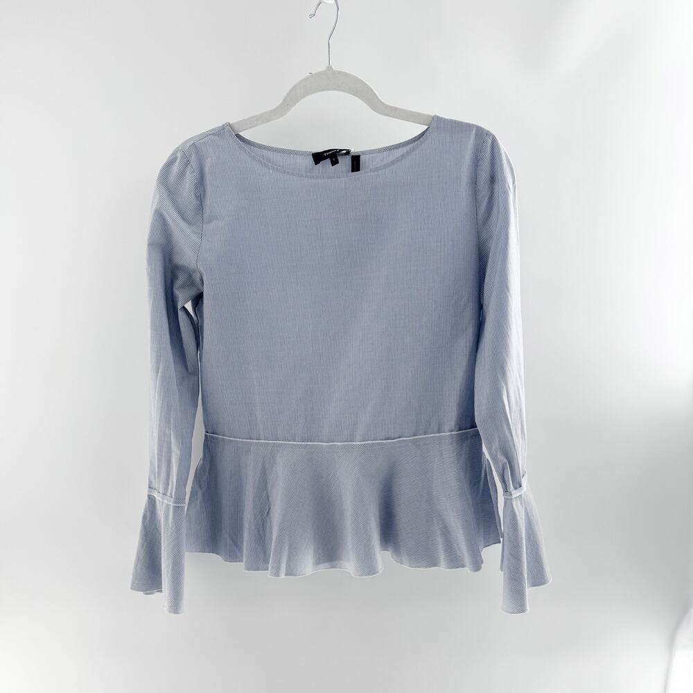 Theory Lexandra Mason Striped Bell Sleeve Peplum Blouse Blue White Women's S
